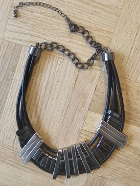 Silver Gunmetal Leather Bold Statement Necklace